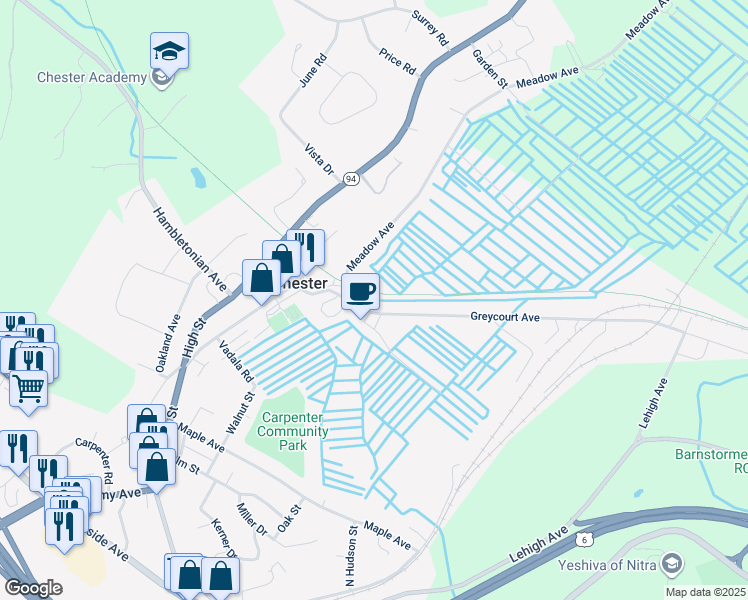 map of restaurants, bars, coffee shops, grocery stores, and more near 9 Greycourt Avenue in Chester