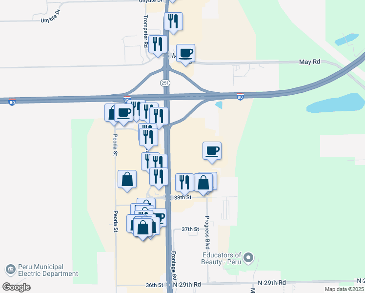 map of restaurants, bars, coffee shops, grocery stores, and more near 4350 Mahoney Drive in Peru