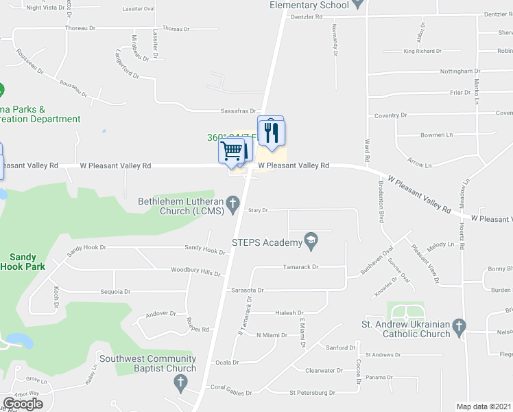 map of restaurants, bars, coffee shops, grocery stores, and more near 4512 Stary Drive in Parma