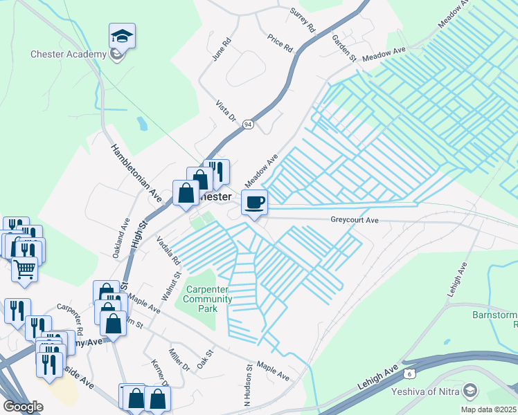 map of restaurants, bars, coffee shops, grocery stores, and more near 9 Greycourt Avenue in Chester
