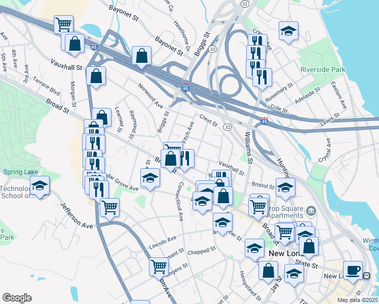 map of restaurants, bars, coffee shops, grocery stores, and more near 115 Vauxhall Street in New London