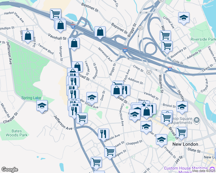 map of restaurants, bars, coffee shops, grocery stores, and more near 178 Vauxhall Street in New London