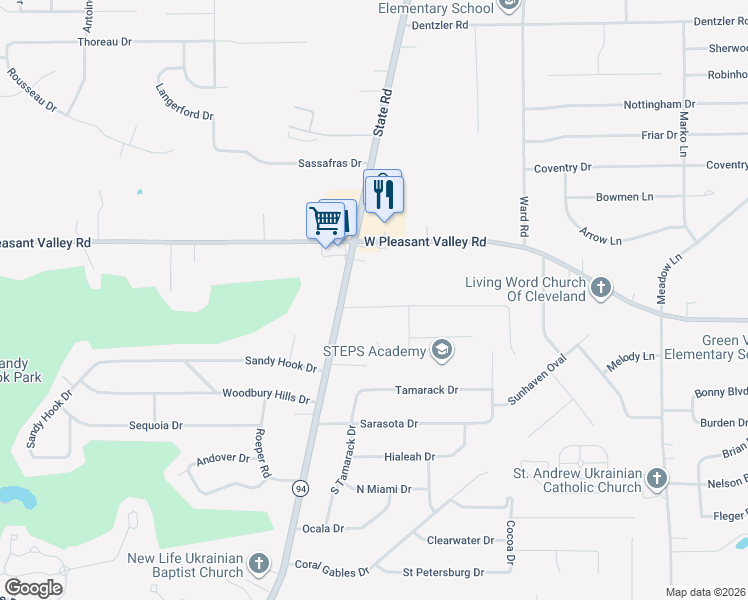 map of restaurants, bars, coffee shops, grocery stores, and more near 4512 Stary Drive in Parma