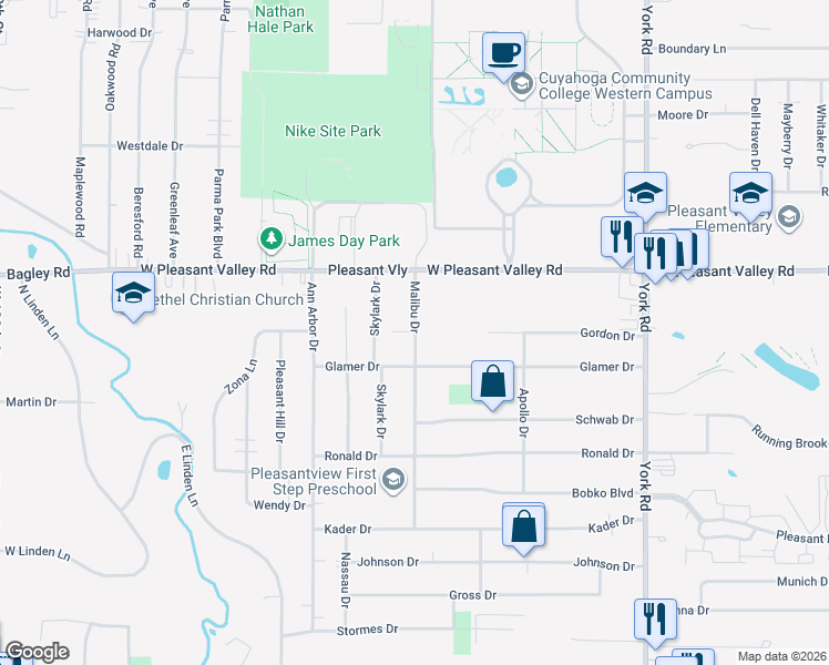 map of restaurants, bars, coffee shops, grocery stores, and more near 7465 Malibu Drive in Parma