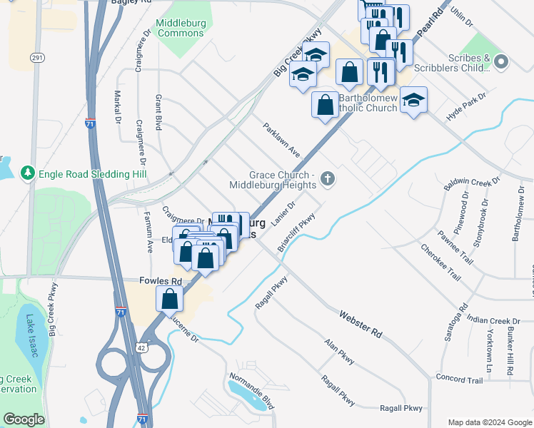 map of restaurants, bars, coffee shops, grocery stores, and more near 7470 Pearl Road in Middleburg Heights