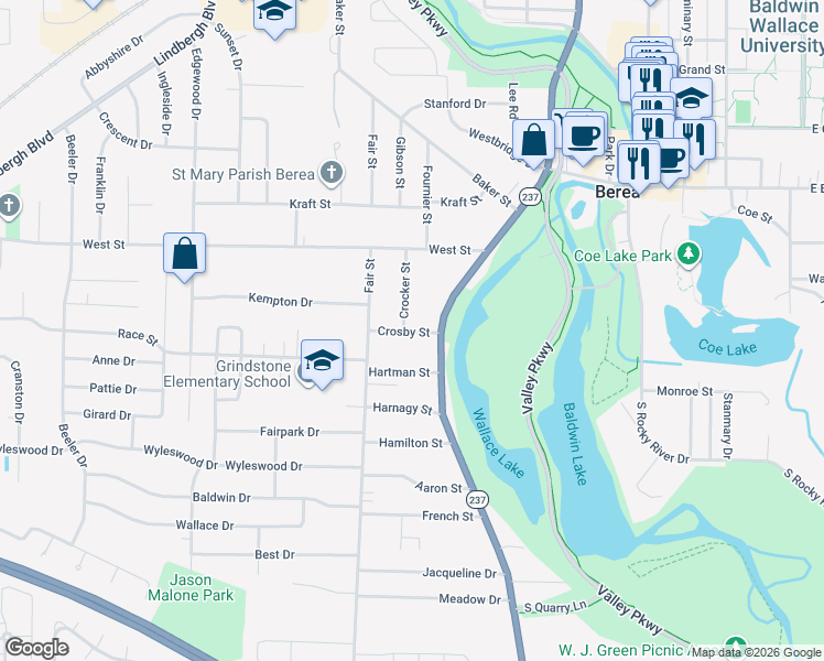 map of restaurants, bars, coffee shops, grocery stores, and more near 69 Crocker Street in Berea