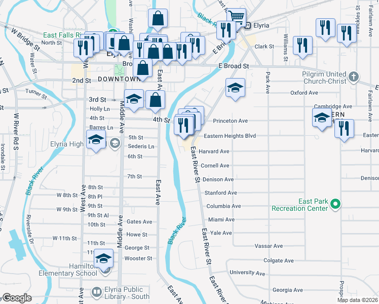 map of restaurants, bars, coffee shops, grocery stores, and more near 916 East River Street in Elyria