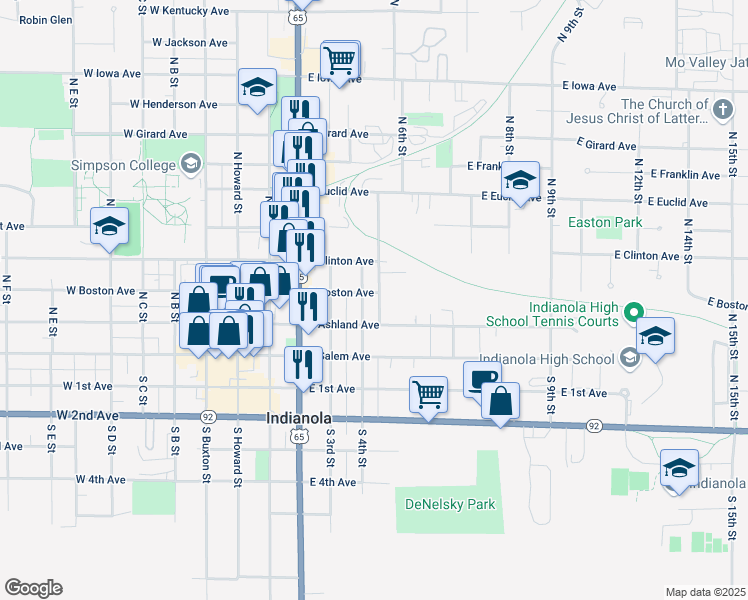 map of restaurants, bars, coffee shops, grocery stores, and more near 302 North 5th Street in Indianola