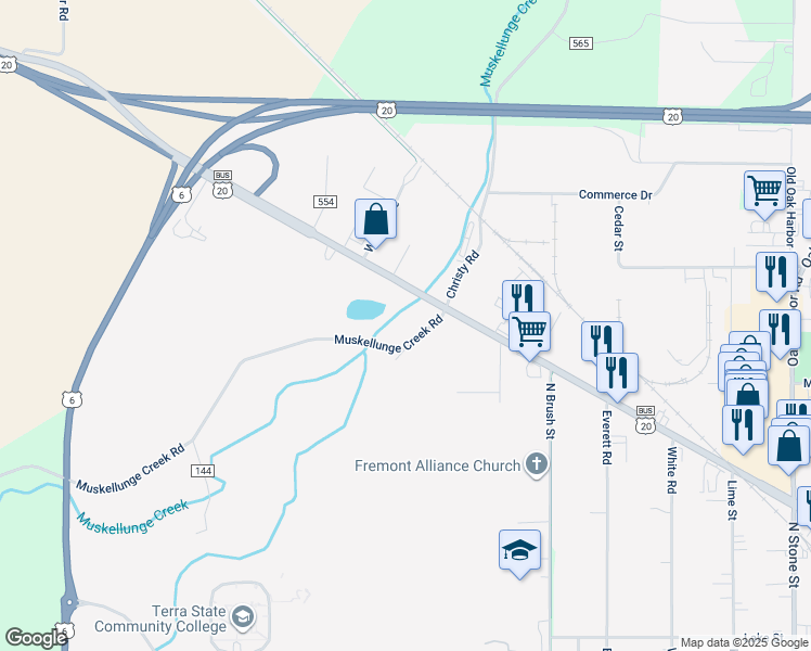 map of restaurants, bars, coffee shops, grocery stores, and more near 1250 County Highway 57 in Fremont