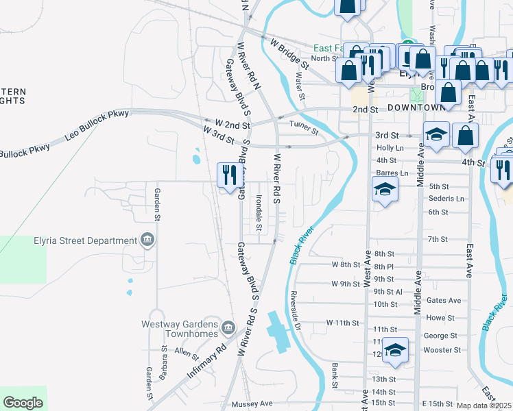 map of restaurants, bars, coffee shops, grocery stores, and more near 545 Irondale Street in Elyria