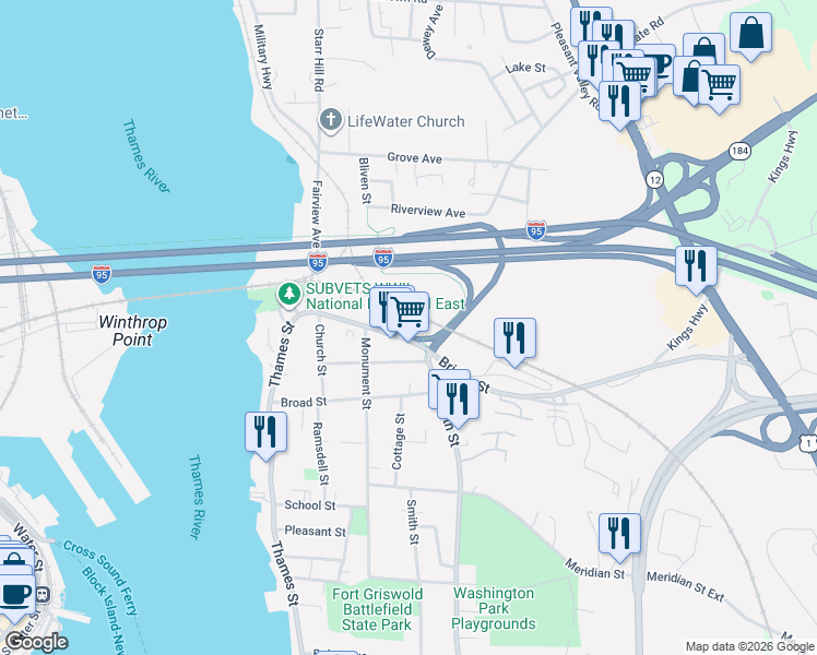 map of restaurants, bars, coffee shops, grocery stores, and more near 160 Bridge Street in Groton