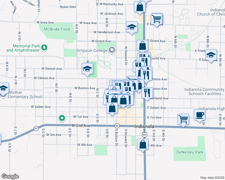 map of restaurants, bars, coffee shops, grocery stores, and more near 225 North Buxton Street in Indianola