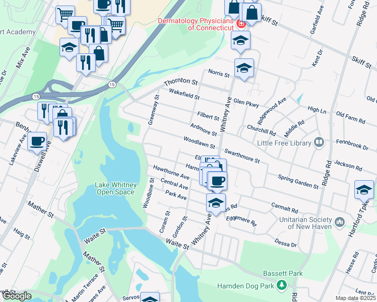 map of restaurants, bars, coffee shops, grocery stores, and more near 70 Woodlawn Street in Hamden