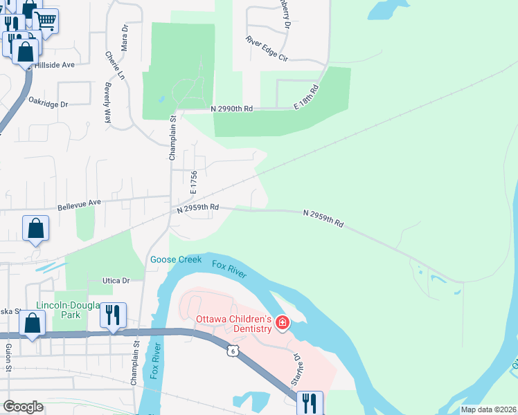 map of restaurants, bars, coffee shops, grocery stores, and more near 1771 North 2959th Road in Ottawa