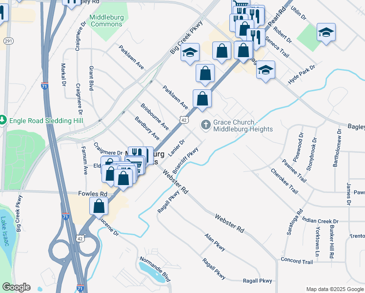 map of restaurants, bars, coffee shops, grocery stores, and more near 7435 Lanier Drive in Middleburg Heights