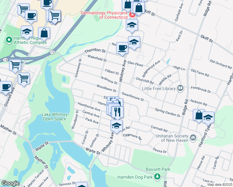 map of restaurants, bars, coffee shops, grocery stores, and more near in Hamden