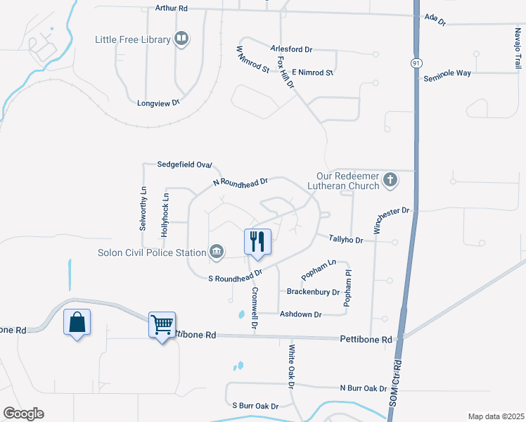 map of restaurants, bars, coffee shops, grocery stores, and more near 32519 Jefferson Drive in Solon