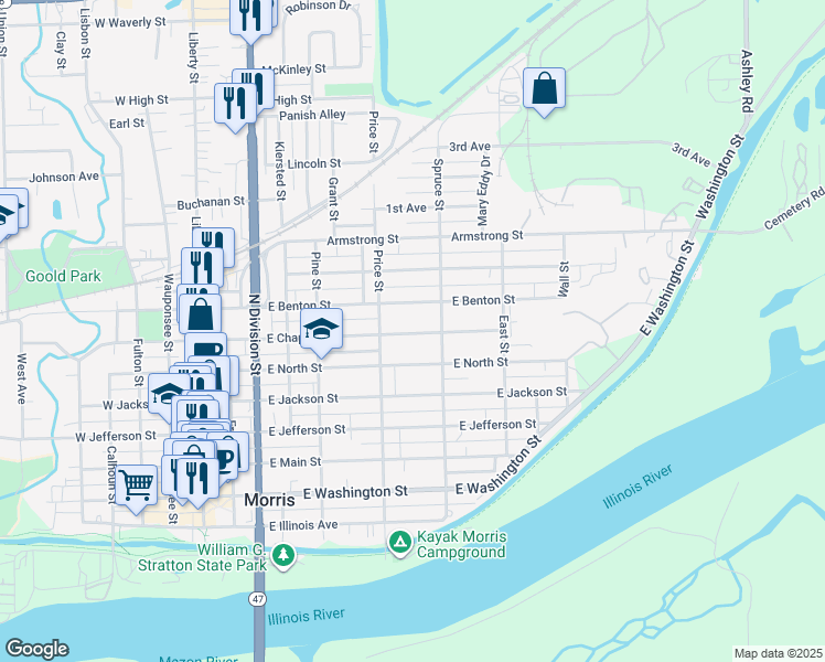map of restaurants, bars, coffee shops, grocery stores, and more near 720 East Chapin Street in Morris