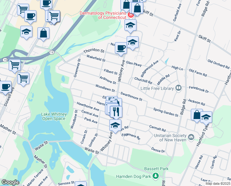 map of restaurants, bars, coffee shops, grocery stores, and more near 1732 Whitney Avenue in Hamden