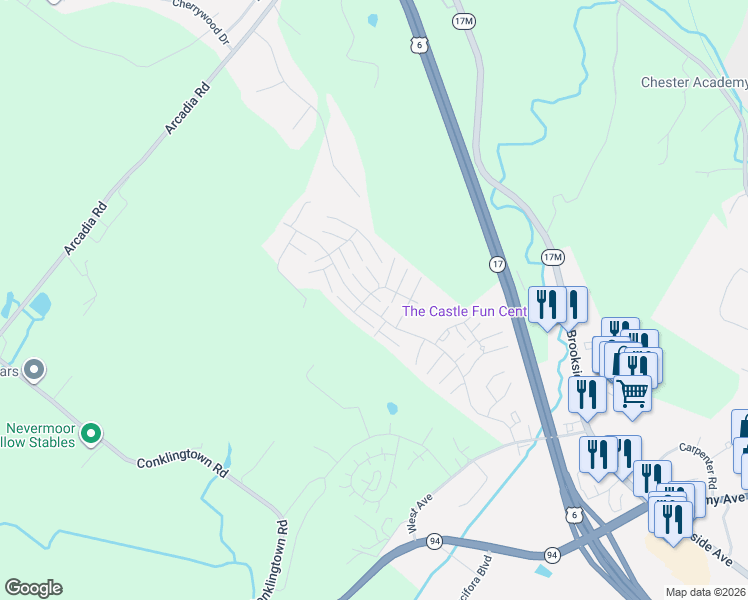 map of restaurants, bars, coffee shops, grocery stores, and more near Whispering Hills Drive in Chester
