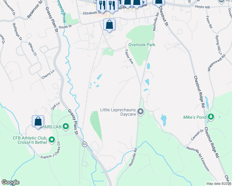 map of restaurants, bars, coffee shops, grocery stores, and more near 15 Goodhill Road in Bethel