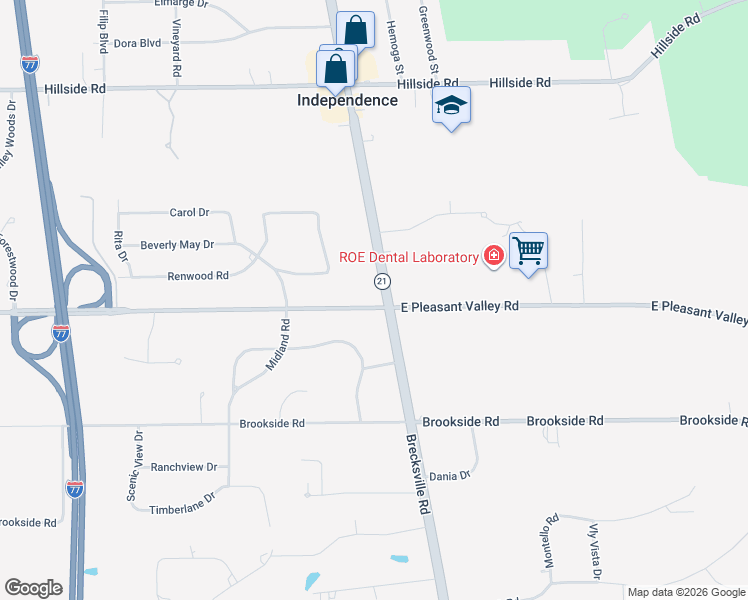 map of restaurants, bars, coffee shops, grocery stores, and more near 6913 East Pleasant Valley Road in Independence