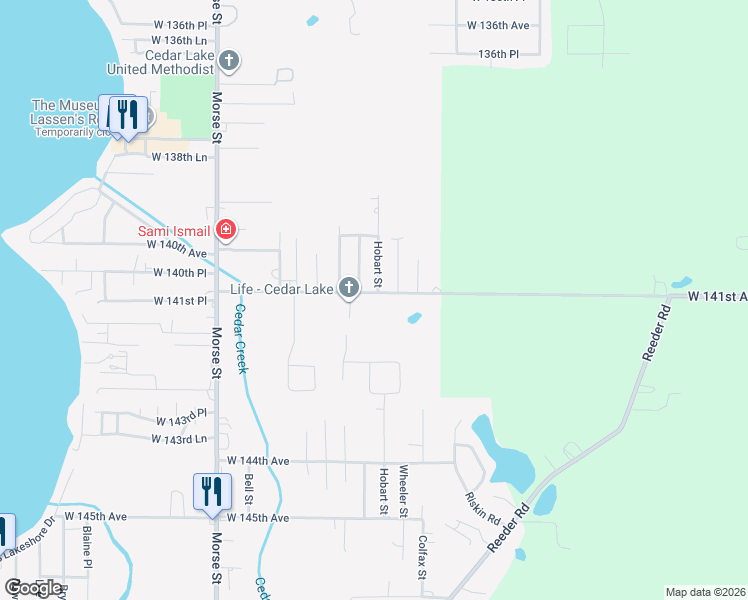 map of restaurants, bars, coffee shops, grocery stores, and more near 14099 Windsor Avenue in Cedar Lake