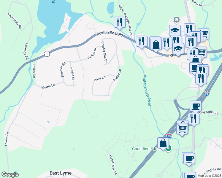 map of restaurants, bars, coffee shops, grocery stores, and more near 28 Poppy Lane in East Lyme