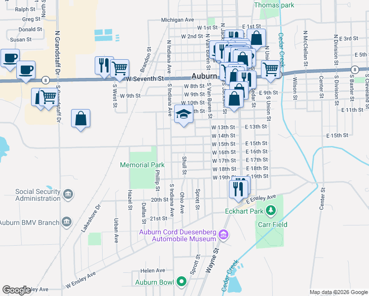 map of restaurants, bars, coffee shops, grocery stores, and more near 351 West 15th Street in Auburn