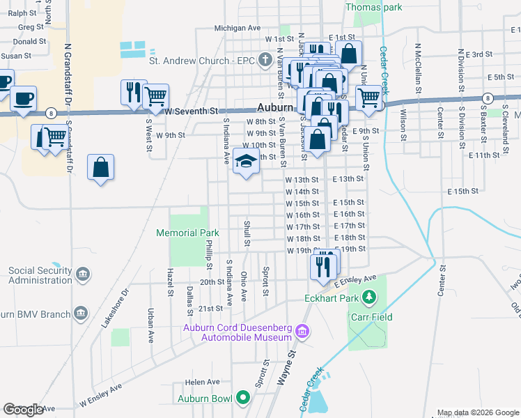 map of restaurants, bars, coffee shops, grocery stores, and more near 351 West 15th Street in Auburn