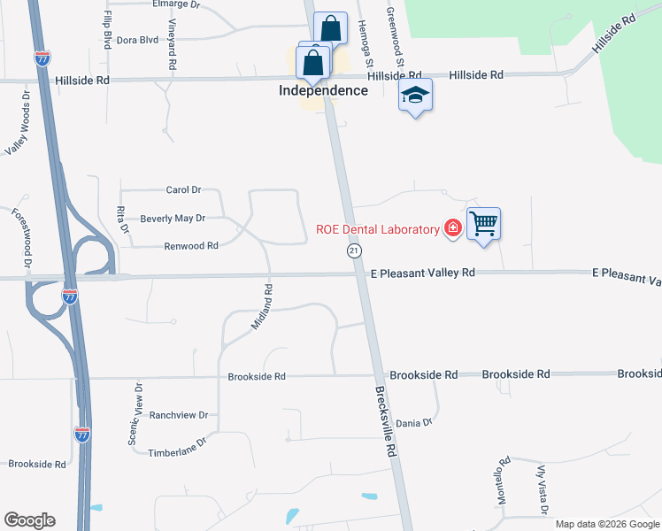 map of restaurants, bars, coffee shops, grocery stores, and more near 6913 East Pleasant Valley Road in Independence