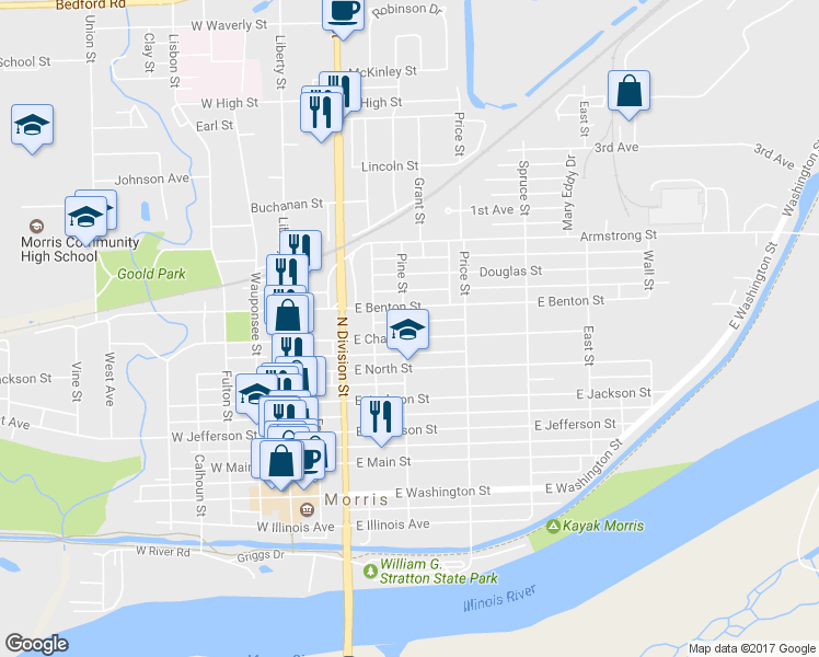 map of restaurants, bars, coffee shops, grocery stores, and more near 504 East Chapin Street in Morris