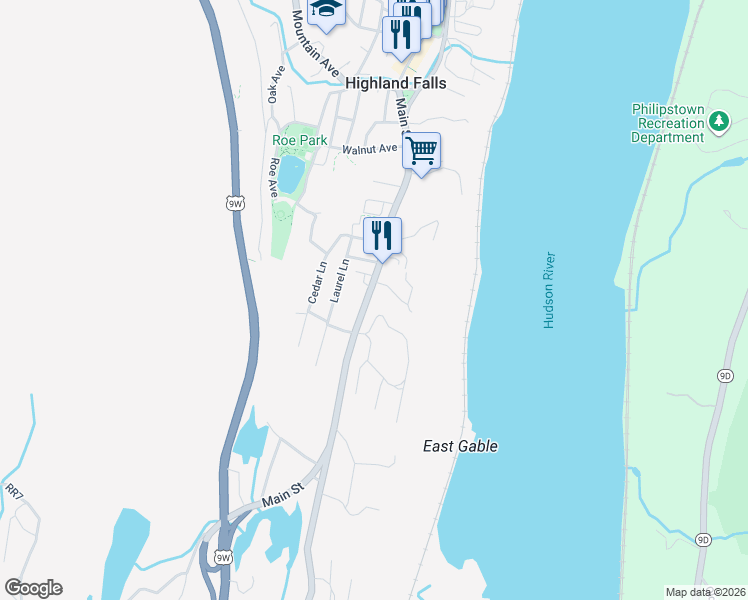 map of restaurants, bars, coffee shops, grocery stores, and more near 142 Main Street in Highland Falls