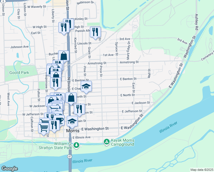map of restaurants, bars, coffee shops, grocery stores, and more near 720 East Chapin Street in Morris