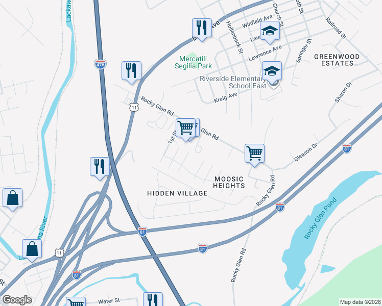map of restaurants, bars, coffee shops, grocery stores, and more near 301 North Third Street in Moosic
