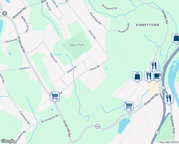 map of restaurants, bars, coffee shops, grocery stores, and more near 105 Davis Road in Seymour