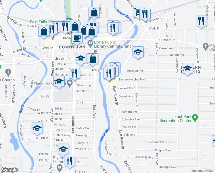 map of restaurants, bars, coffee shops, grocery stores, and more near 140 Charles Court in Elyria