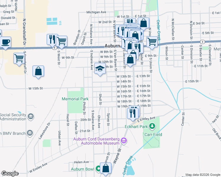 map of restaurants, bars, coffee shops, grocery stores, and more near 317 West 15th Street in Auburn
