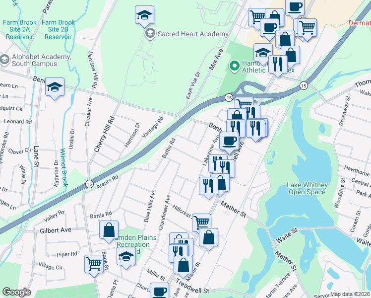 map of restaurants, bars, coffee shops, grocery stores, and more near 111 Maplewood Terrace in Hamden