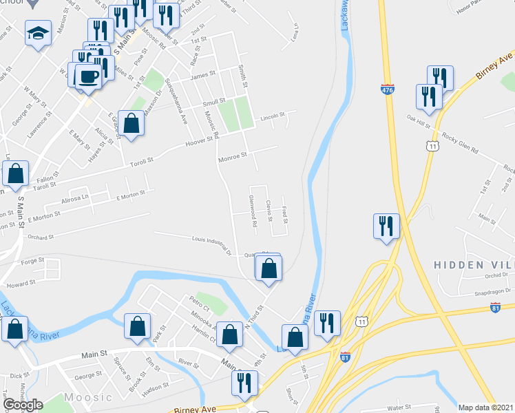 map of restaurants, bars, coffee shops, grocery stores, and more near 745 Glenwood Road in Old Forge