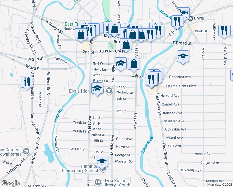 map of restaurants, bars, coffee shops, grocery stores, and more near 514 Middle Avenue in Elyria