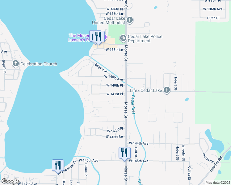 map of restaurants, bars, coffee shops, grocery stores, and more near 7300 West 141st Place in Cedar Lake