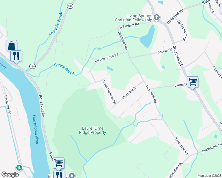 map of restaurants, bars, coffee shops, grocery stores, and more near 8 Great Meadow Road in Seymour