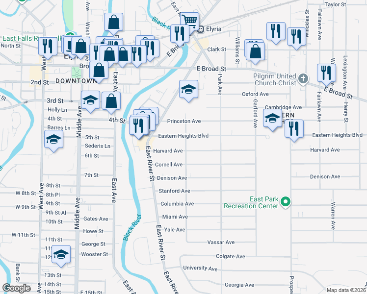 map of restaurants, bars, coffee shops, grocery stores, and more near 615 Sherman Street in Elyria