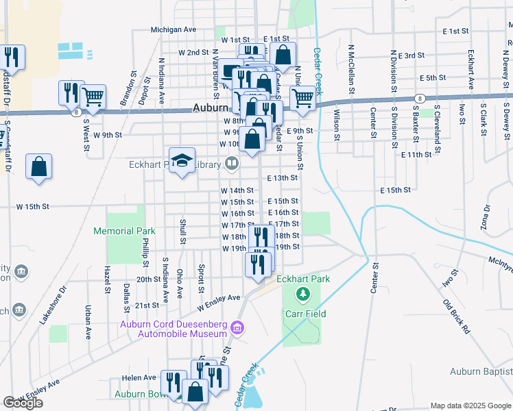 map of restaurants, bars, coffee shops, grocery stores, and more near 903 Main Street in Auburn