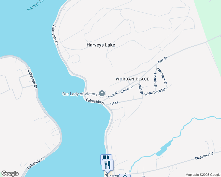 map of restaurants, bars, coffee shops, grocery stores, and more near 7 Kitchen Avenue in Harveys Lake