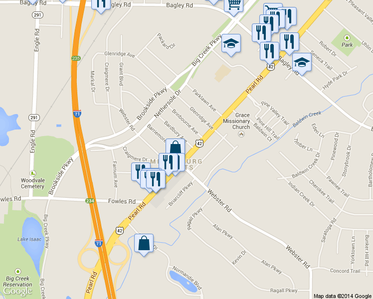 map of restaurants, bars, coffee shops, grocery stores, and more near 7470 Pearl Road in Middleburg Heights