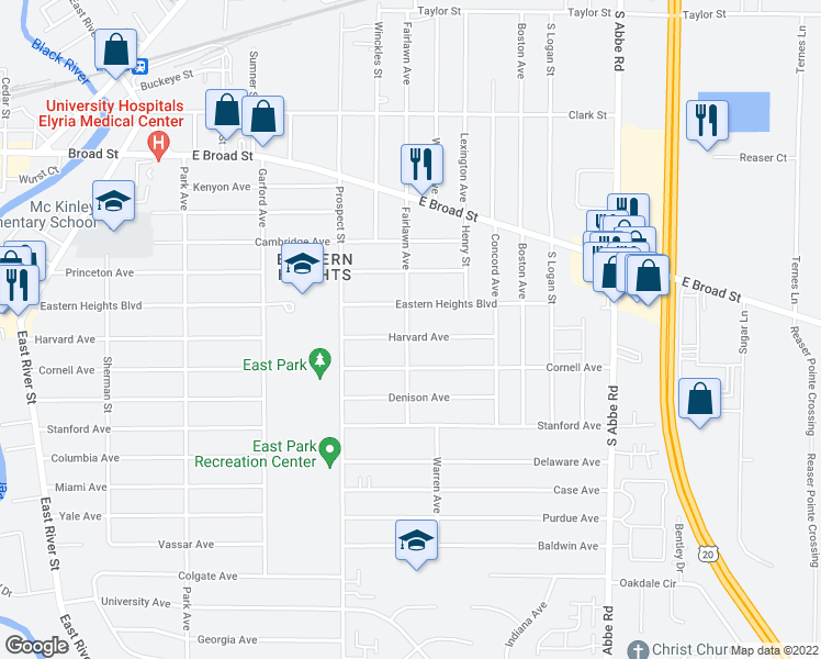 map of restaurants, bars, coffee shops, grocery stores, and more near 600 Harvard Avenue in Elyria