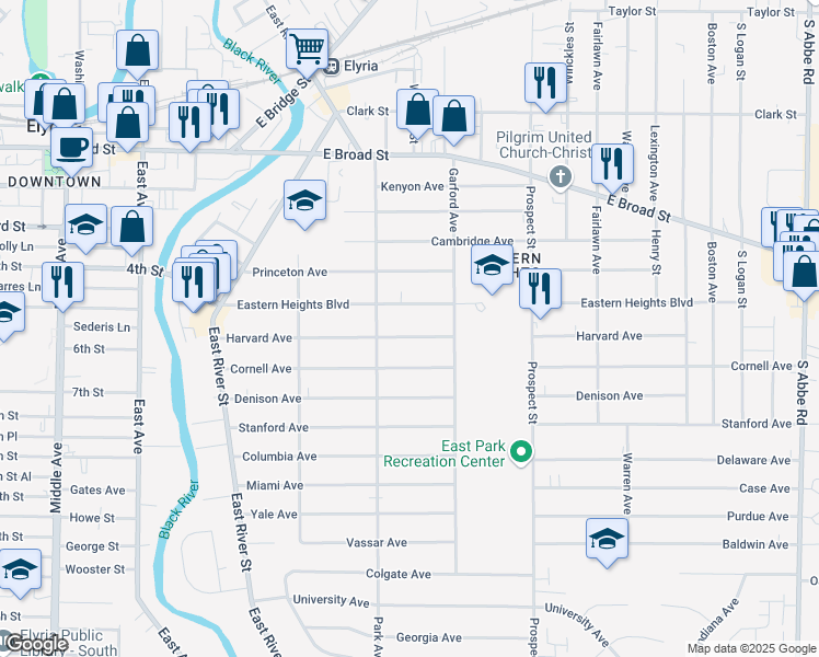 map of restaurants, bars, coffee shops, grocery stores, and more near 324 Harvard Ave in Elyria