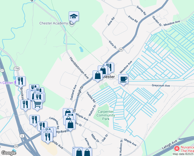 map of restaurants, bars, coffee shops, grocery stores, and more near 4 Bank Street in Chester